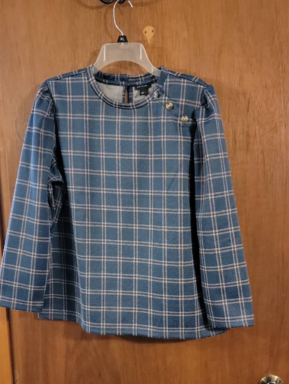 Ann Taylor Girl Blue Plaid Long Sleeve Top with Gold Buttons